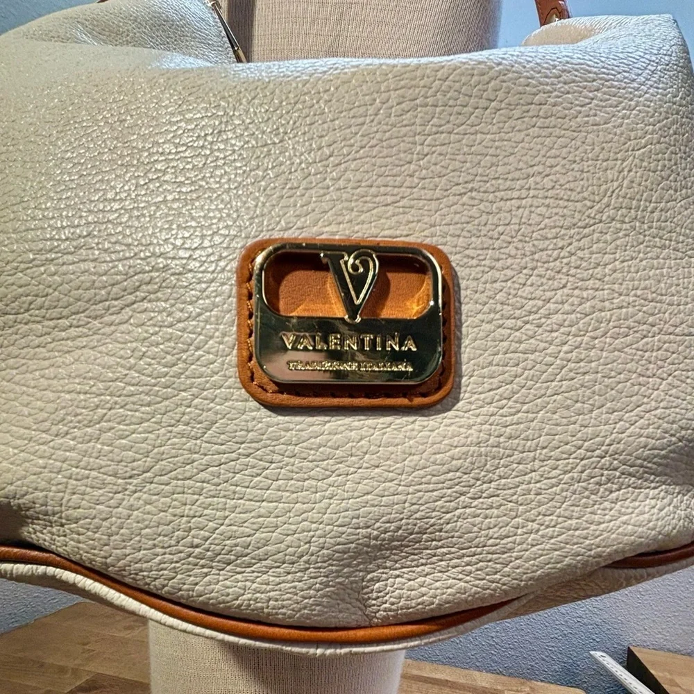 Valentina Italian Leather Hobo Bag Cream & Tan Shoulder Purse